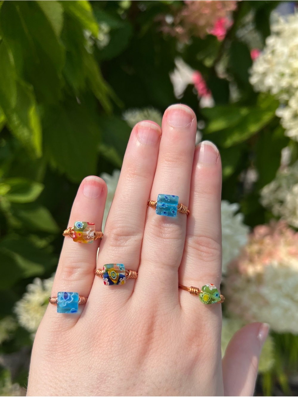 Floral Blown Glass Wire Wrapped Rings!